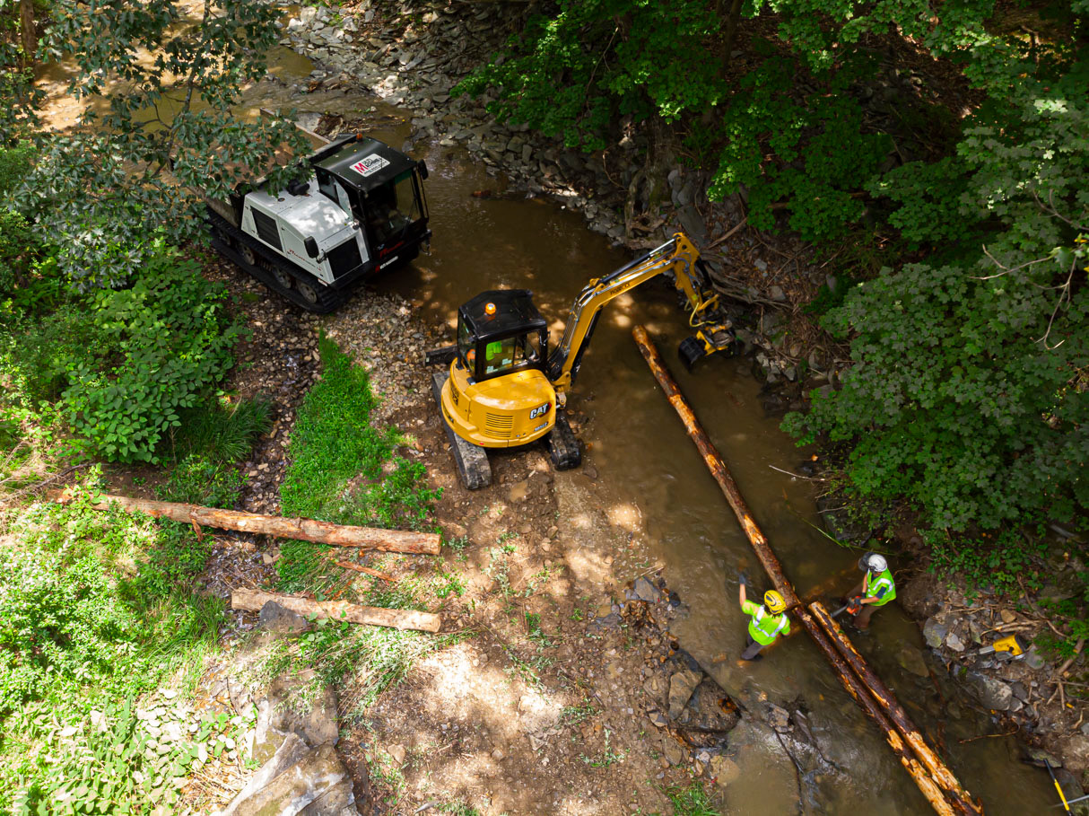 Stream bank restoration work in a natural creek setting